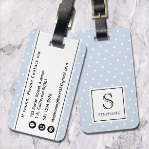 White Polka Dots Pattern Monogram & Name Pale Blue Luggage Tag