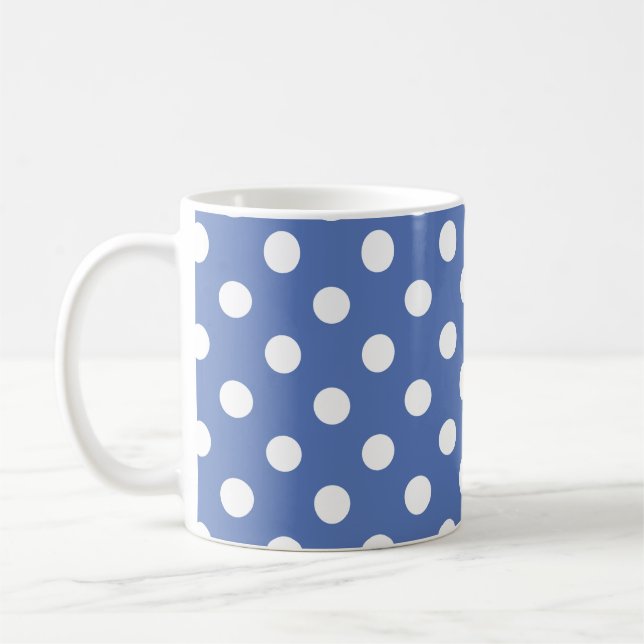 White Polka Dots Pattern on Blue Background  Coffee Mug (Left)