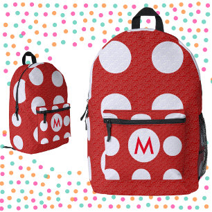 White Polka Dots Red Monogram on Red Fractal Printed Backpack