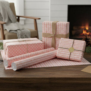 White Polka Dots Stripes Peach Blush Pink Mauve Wrapping Paper Sheet