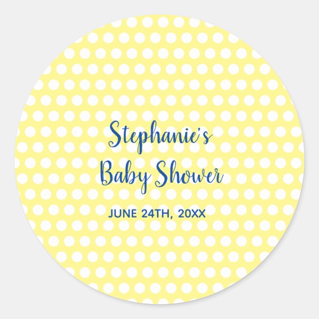 White Polka Dots Yellow Blue Girl Boy Baby Shower Classic Round Sticker (Front)