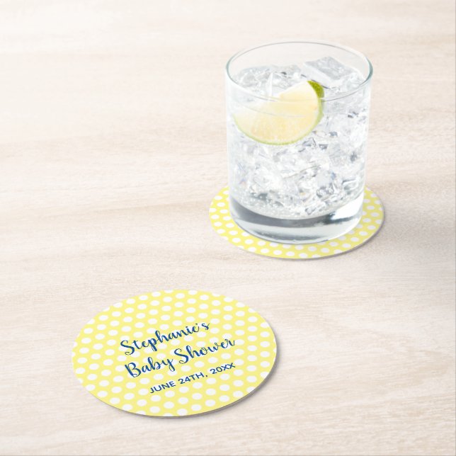 White Polka Dots Yellow Blue Girl Boy Baby Shower Round Paper Coaster (Insitu)