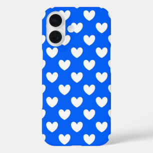 White polka hearts on blue iPhone 16 case