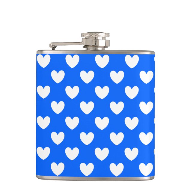 White polka hearts on blue hip flask (Front)