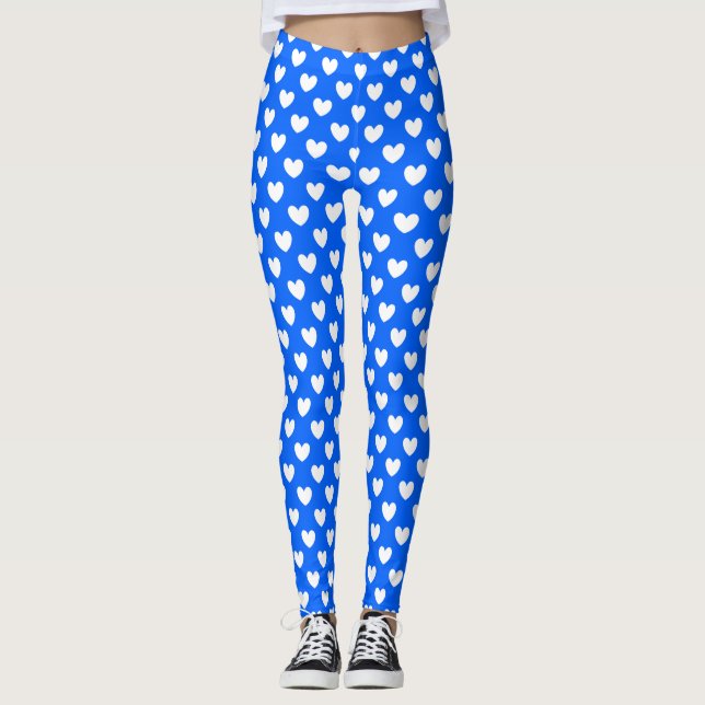 White polka hearts on blue leggings (Front)