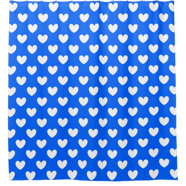 White polka hearts on blue shower curtain (Front)
