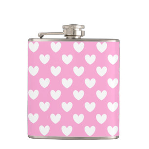 White polka hearts on Cotton Candy Pink Hip Flask