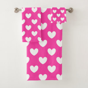 White polka hearts on fuchsia pink bath towel set