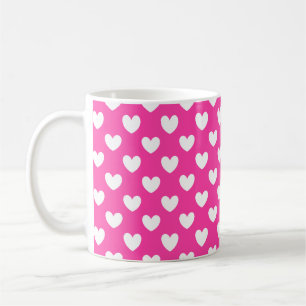 White polka hearts on fuchsia pink coffee mug
