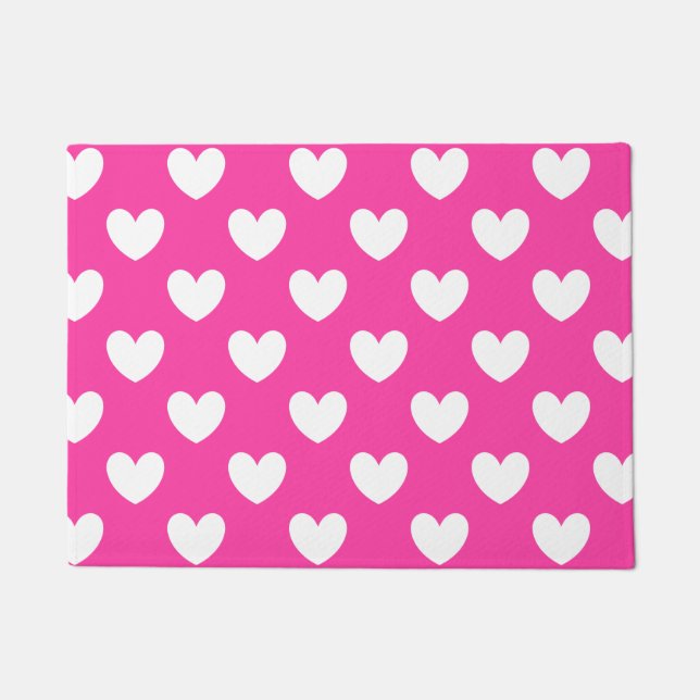 White polka hearts on fuchsia pink doormat (Front)