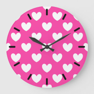 White polka hearts on fuchsia pink large clock