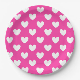 White polka hearts on fuchsia pink paper plate
