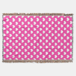 White polka hearts on fuchsia pink throw blanket