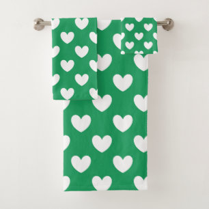 White polka hearts on Kelly green Bath Towel Set