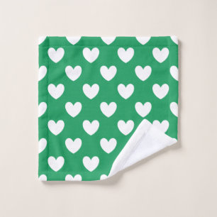 White polka hearts on Kelly green Wash Cloth