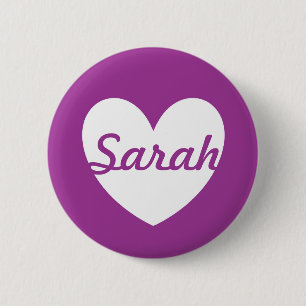 White polka hearts on purple 6 cm round badge