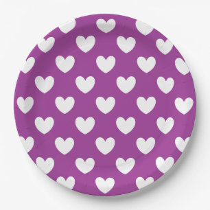 White polka hearts on Purple Cactus Flower purple Paper Plate
