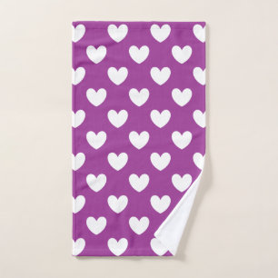 White polka hearts on purple hand towel