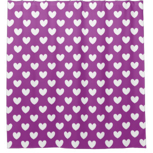 White polka hearts on purple shower curtain