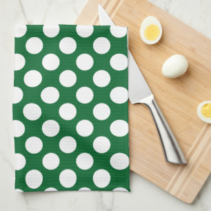 White Polkadot over Green Background Tea Towel