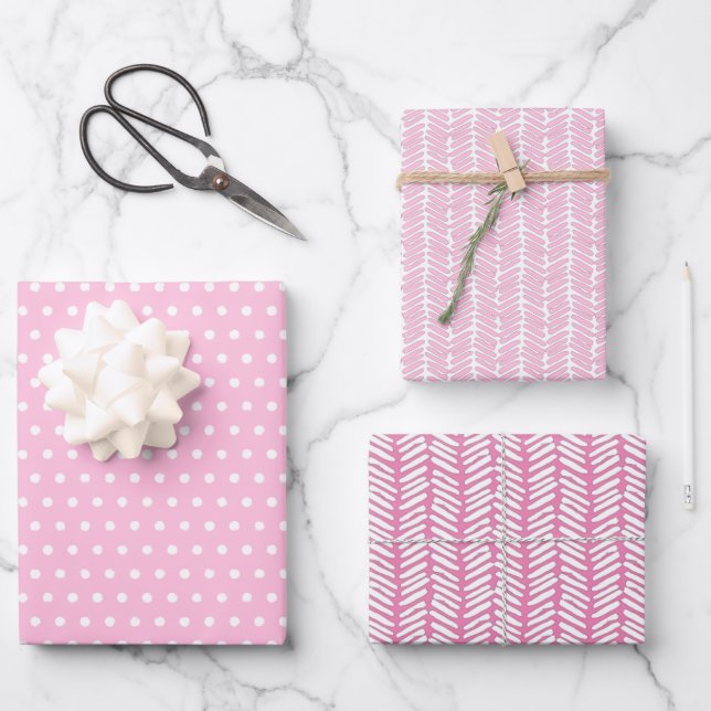 White Polkadots Chevron Stripes Baby Pink Wrapping Paper Sheet (Front)