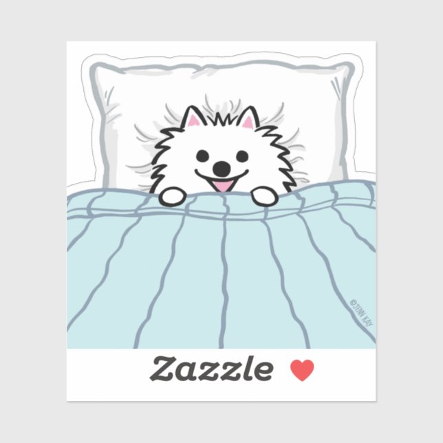 White Pomeranian Adorable Dog Tucked in Bed (Sheet)