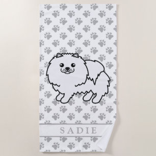White Pomeranian Cute Cartoon Dog & Name Beach Towel