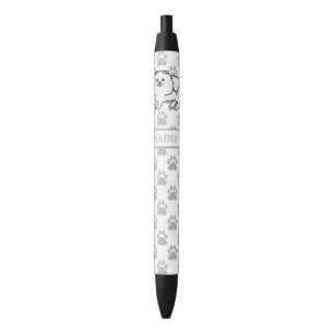 White Pomeranian Cute Cartoon Dog & Name Black Ink Pen