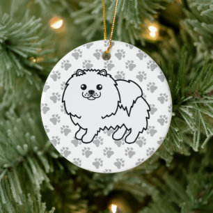 White Pomeranian Cute Cartoon Dog & Paws Ceramic Tree Decoration