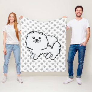 White Pomeranian Cute Cartoon Dog & Paws Fleece Blanket