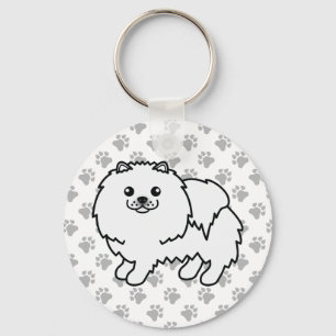 White Pomeranian Cute Cartoon Dog & Paws Key Ring