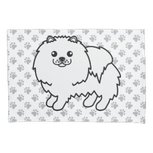 White Pomeranian Cute Cartoon Dog & Paws Pillowcase