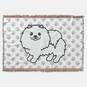 White Pomeranian Cute Cartoon Dog & Paws Throw Blanket