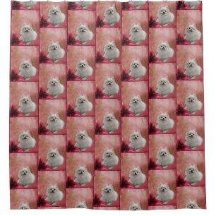 White Pomeranian Dog And Flowers Pattern Shower Curtain