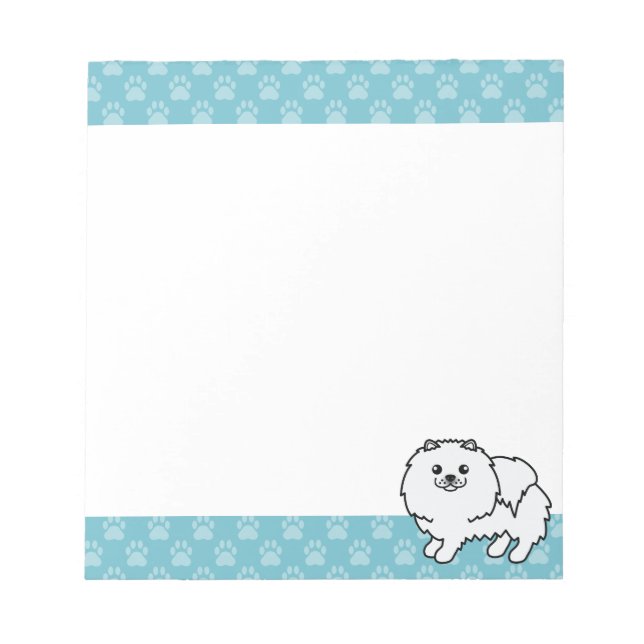 White Pomeranian Dog Illustration And Blue Borders Notepad (Front)
