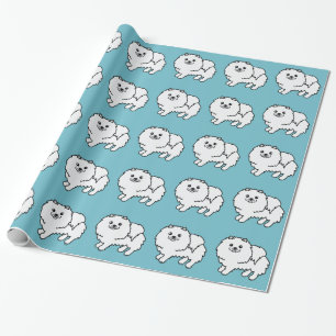 White Pomeranian Dog Illustration Pattern On Blue Wrapping Paper