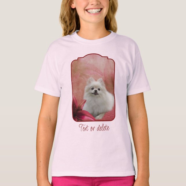 White Pomeranian Dog Lily Flowers Animal Art T-Shirt (Front)