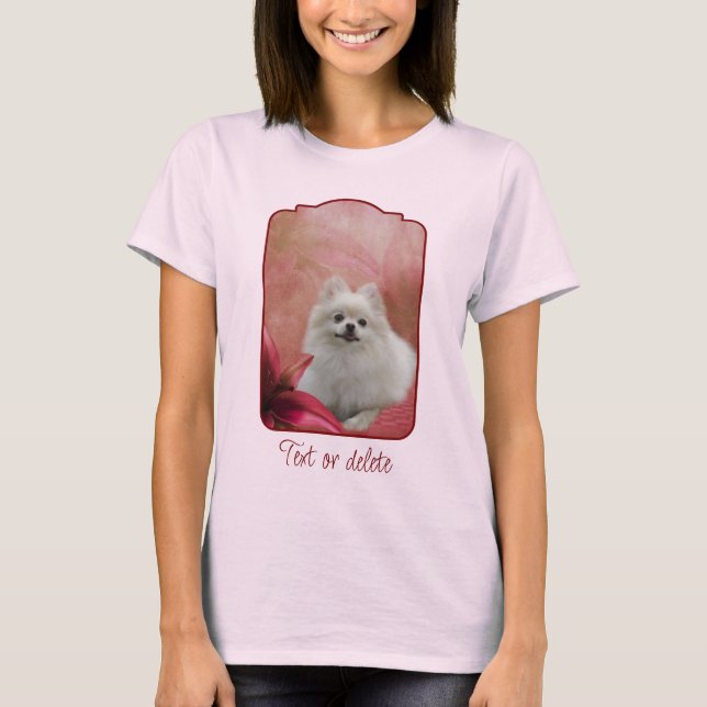 White Pomeranian Dog Lily Flowers Animal Art T-Shirt (Front)