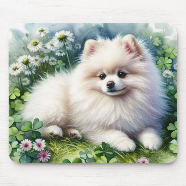White Pomeranian Dog Watercolor Clover Field Mouse Pad (Front)
