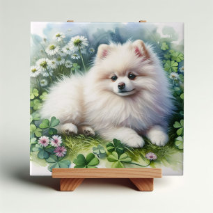 White Pomeranian Dog Watercolor Clover Field Tile