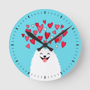 White Pomeranian Dog with Hearts Round Clock