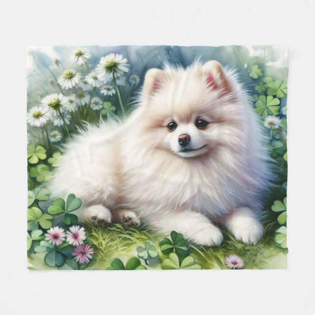 White Pomeranian Green Shamrock Field Fleece Blanket (Front (Horizontal))