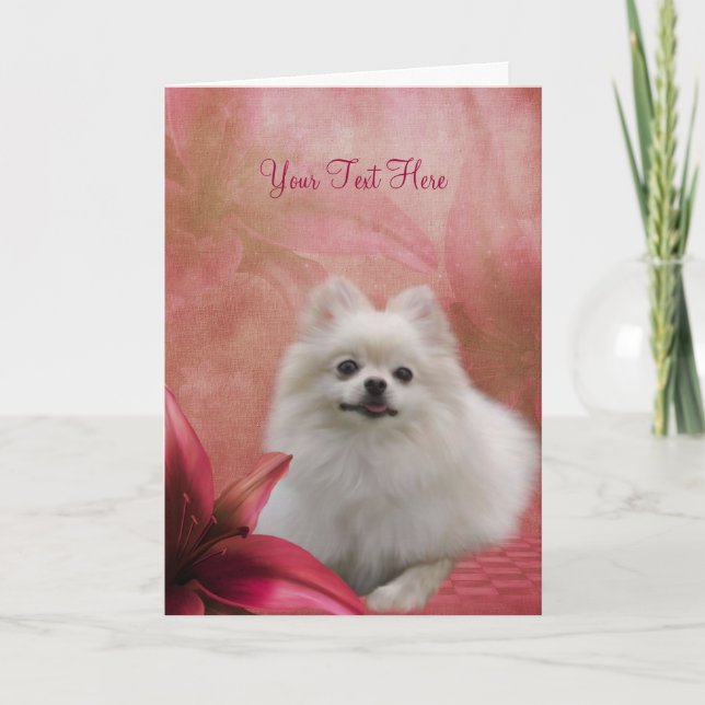White Pomeranian Red Lily Dog Art Photo Card (Front)