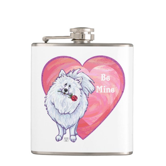 White Pomeranian Valentine's Day Hip Flask (Front)