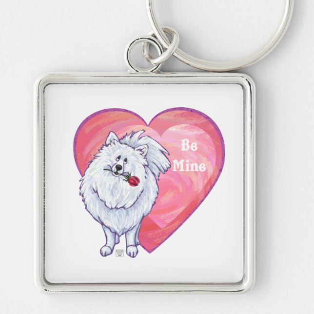 White Pomeranian Valentine's Day Key Ring (Front)