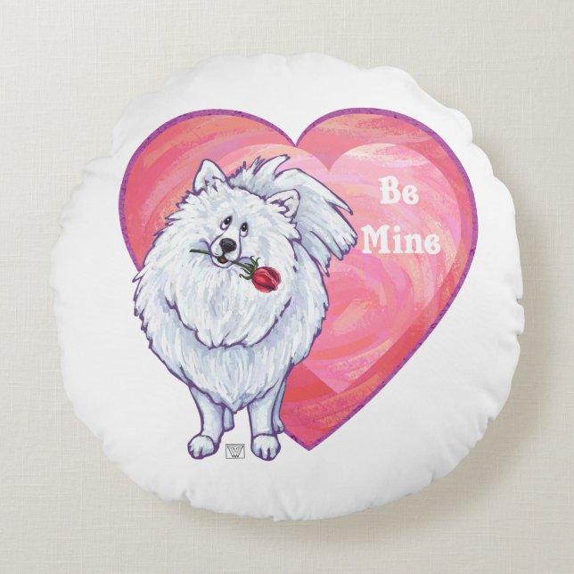 White Pomeranian Valentine's Day Round Cushion (Front)