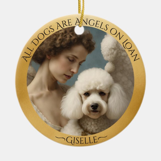 White Poodle Angel Personalised Memorial  Ceramic Tree Decoration (Front)