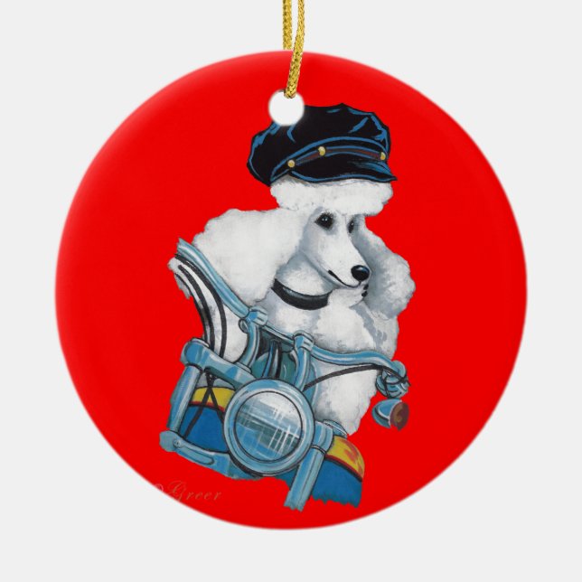 White Poodle Biker Chick Christmas Ornament (Front)