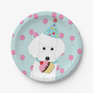 White Poodle Birthday Dog Pink Balloons Paper Plate