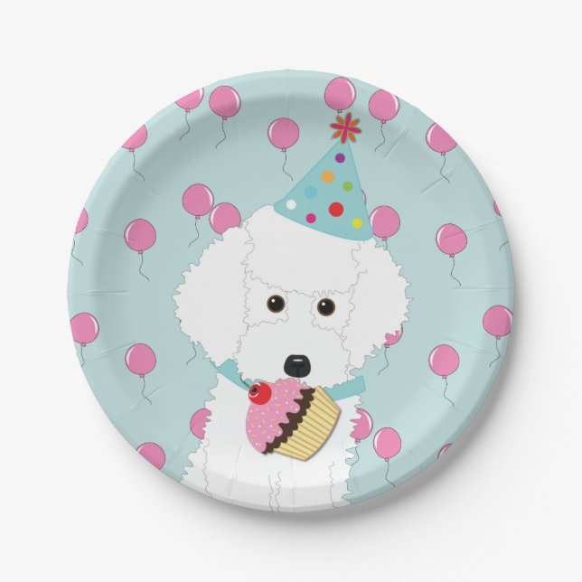 White Poodle Birthday Dog Pink Balloons Paper Plate (Front)
